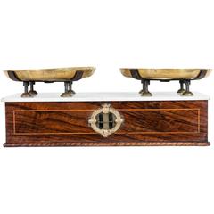 Antique Period Napoleon III Bakery Scales with Inlaid Base, Marble Top and Brass Pans