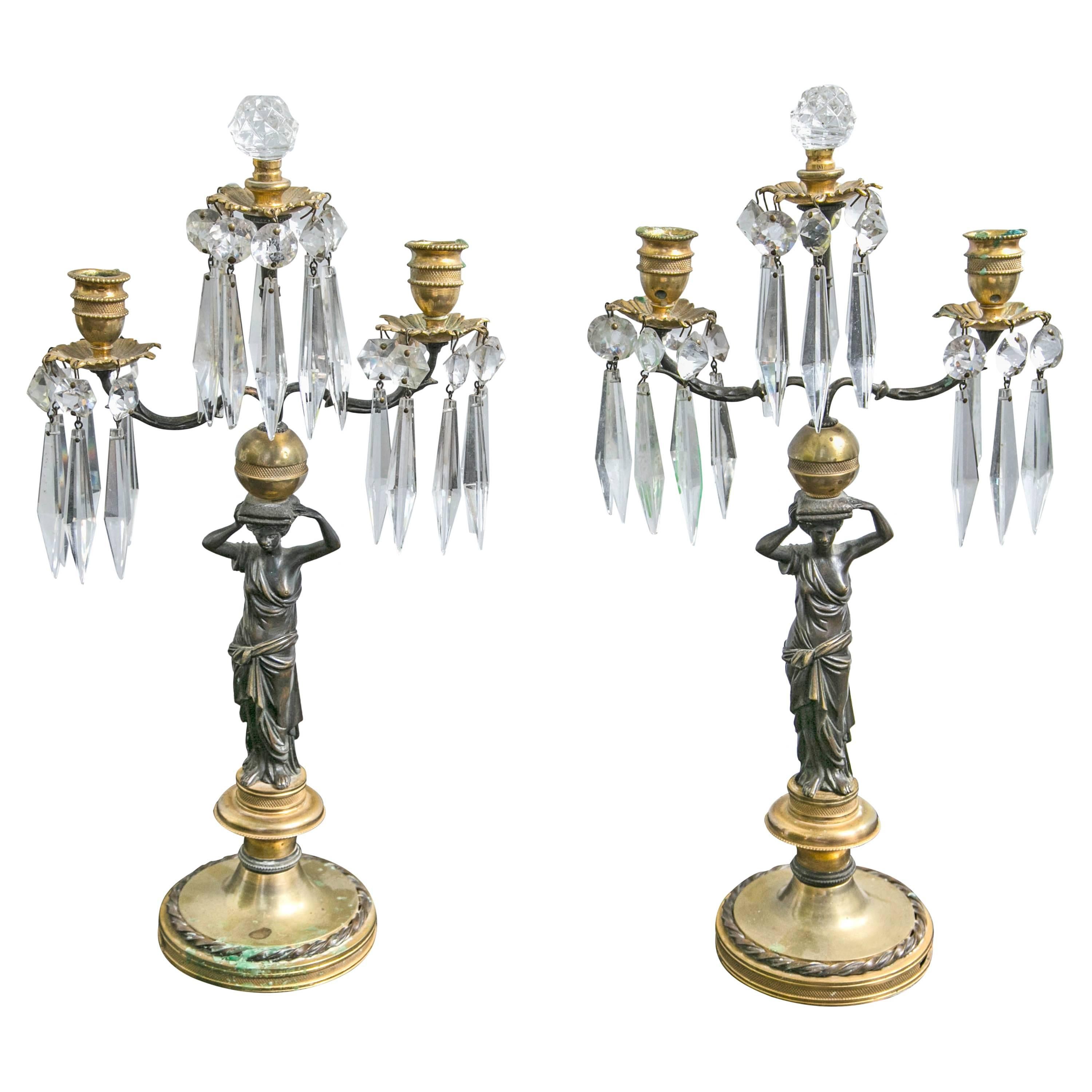 Gilt Bronze with Crystal Candlesticks For Sale