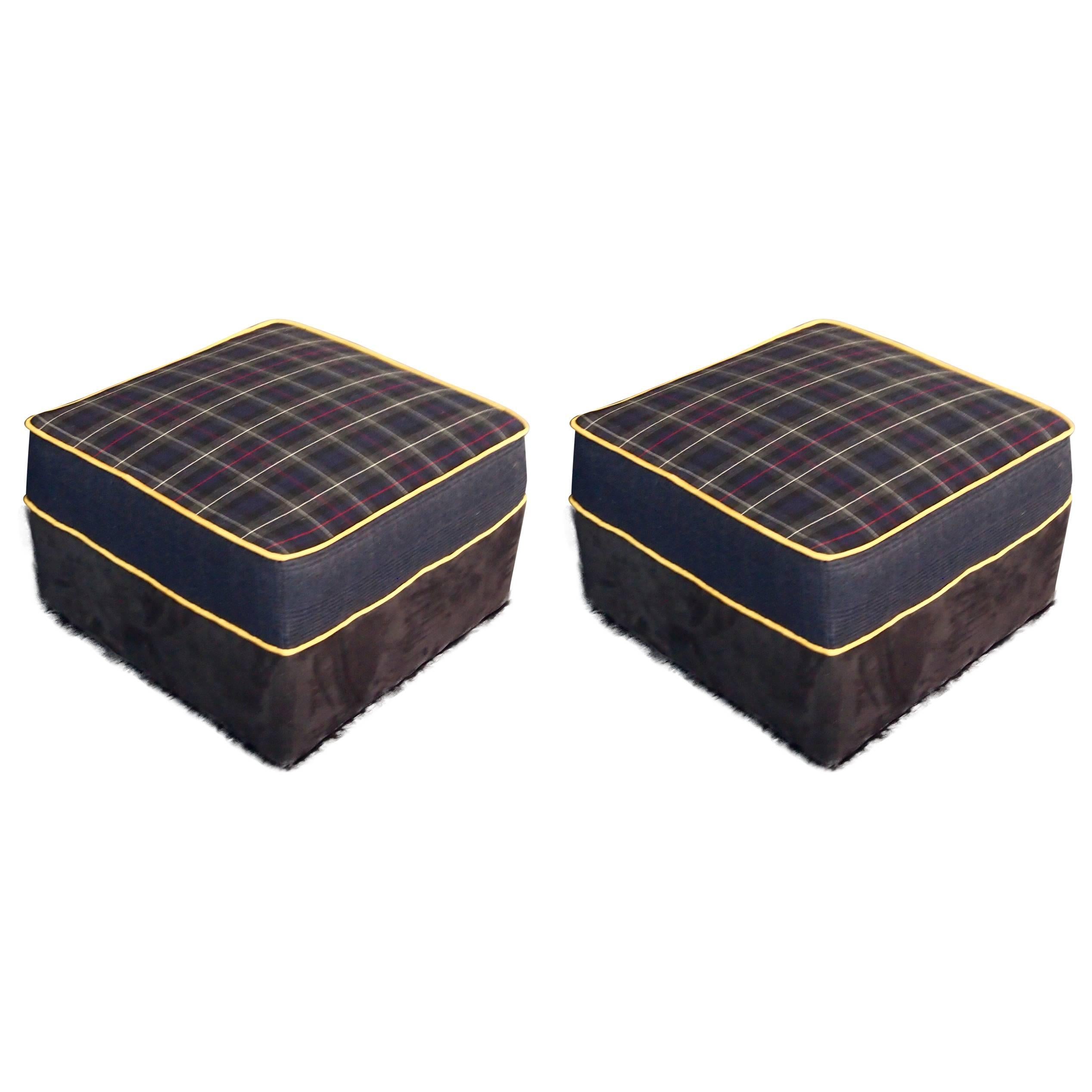 Large Upholstered Ottomans, Navy Plaid--in stock For Sale
