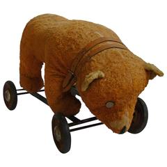 Early 20th Century Americana Folk Art Bear on Wheels Child's Toy