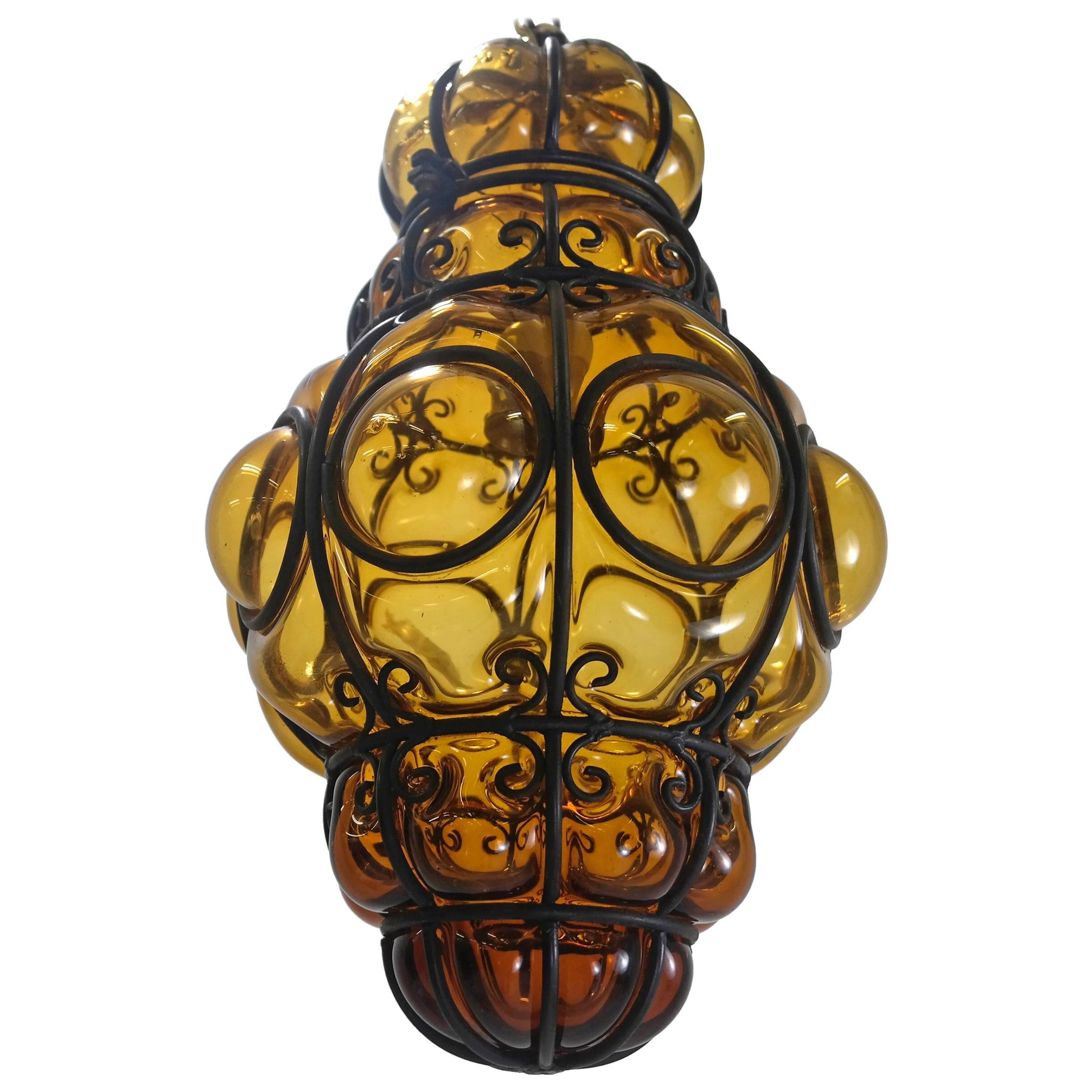 Caged Handblown Murano Glass Pendant Lantern