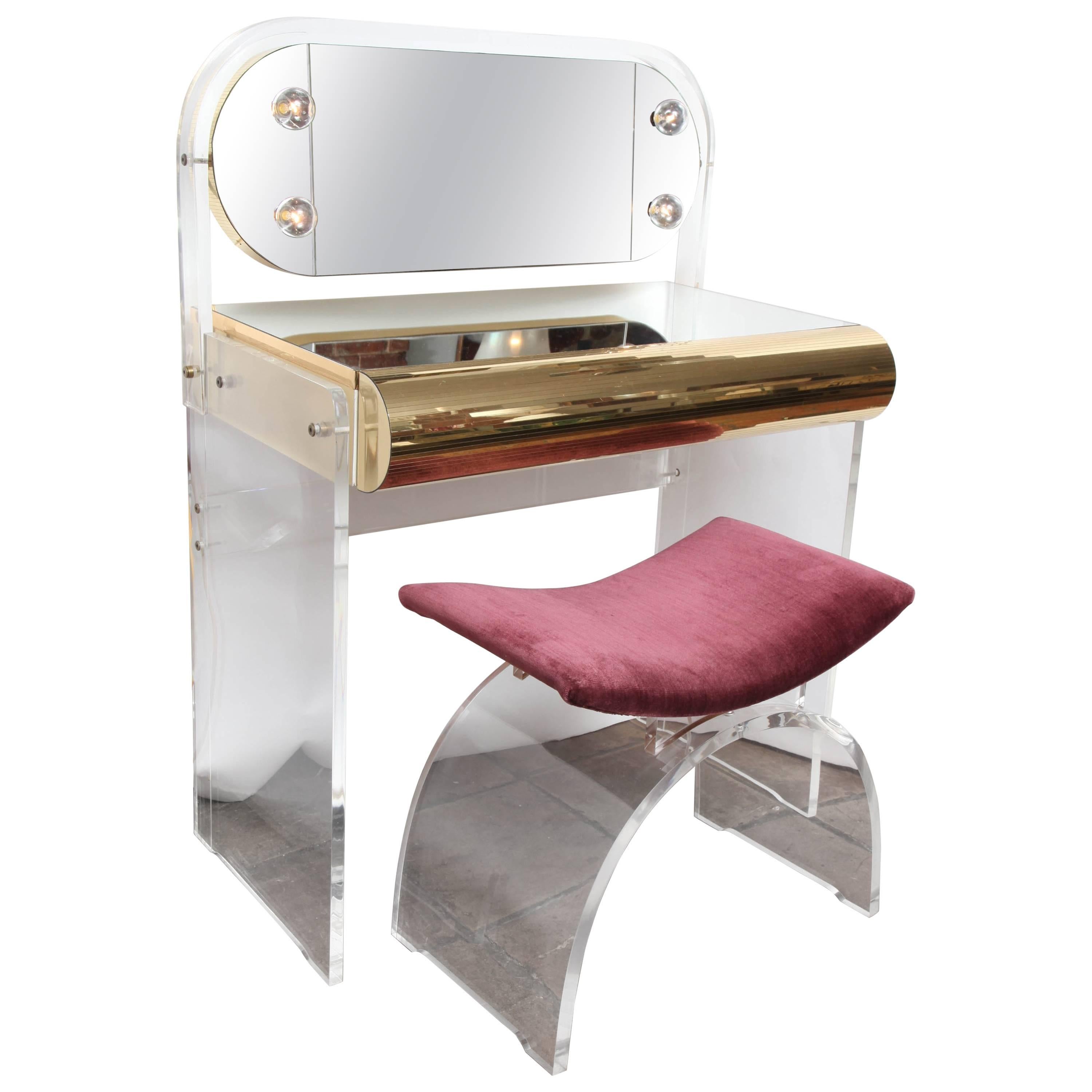 Modernist Lucite and Mirrored Vanity and Stool