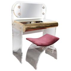 Retro Modernist Lucite and Mirrored Vanity and Stool