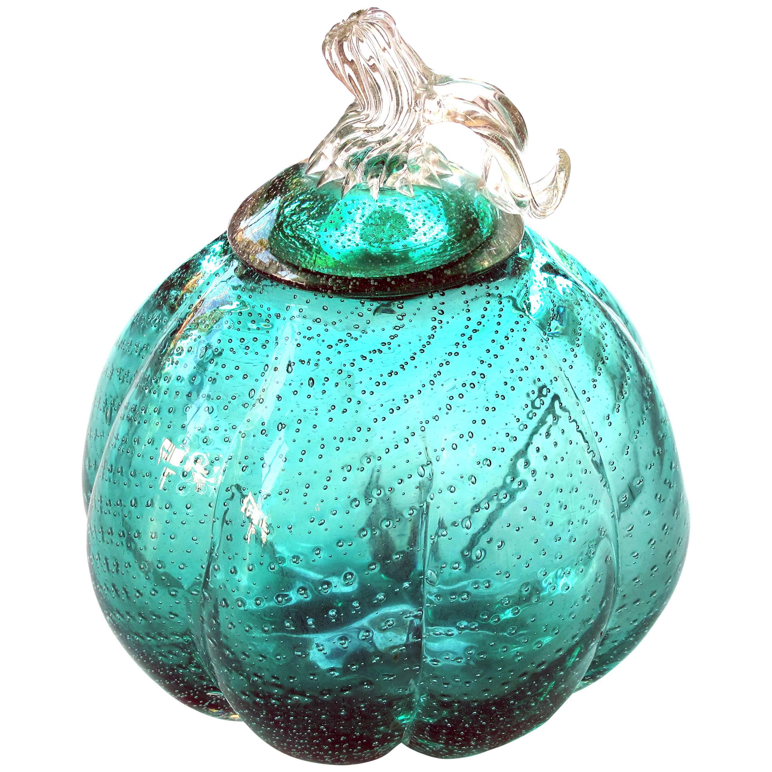 Whimsical Murano 1950s Teal Art Glass Gourd with Lid
