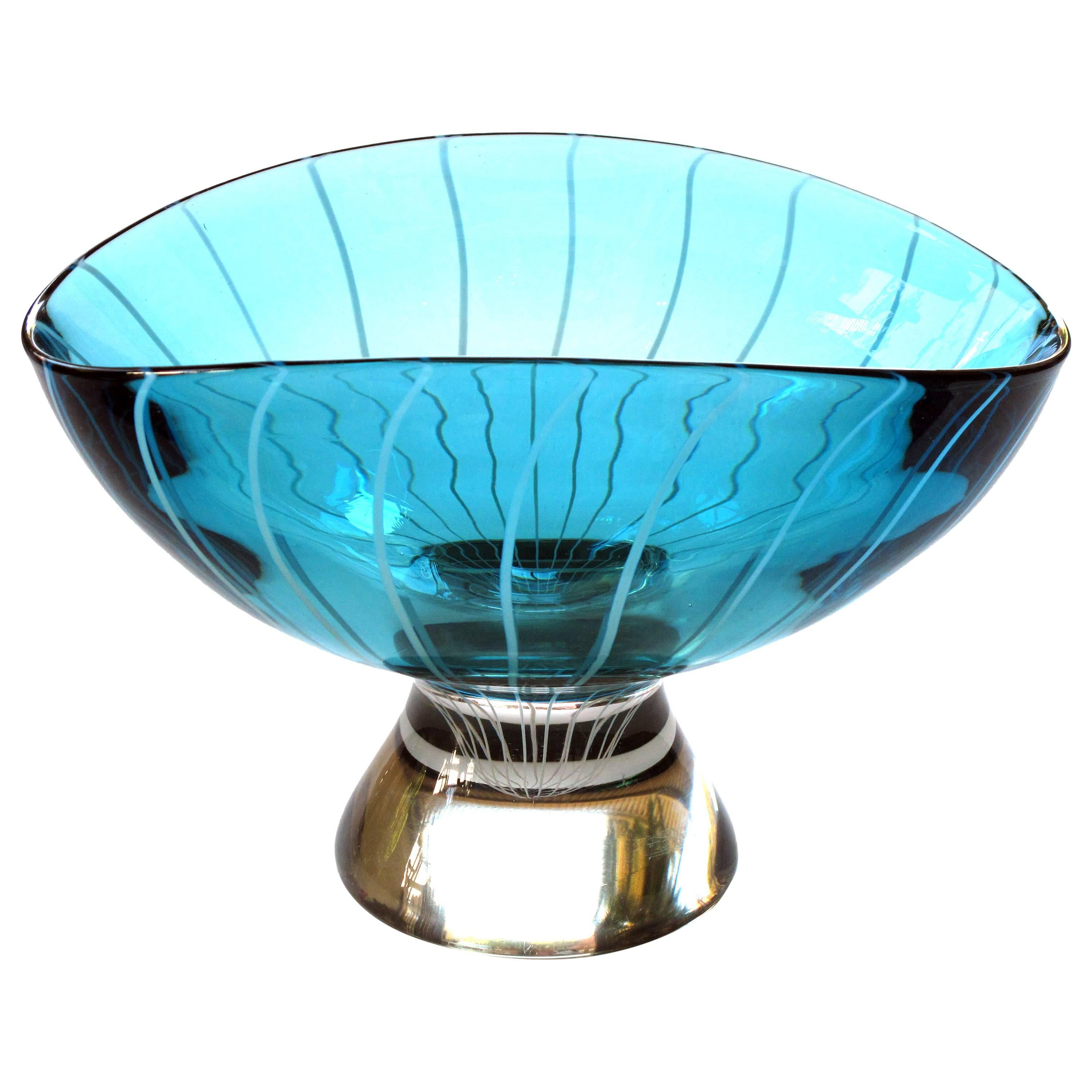 Large-Scale Murano 1960s Teal Art Glass Bowl with White Swirl Decoration