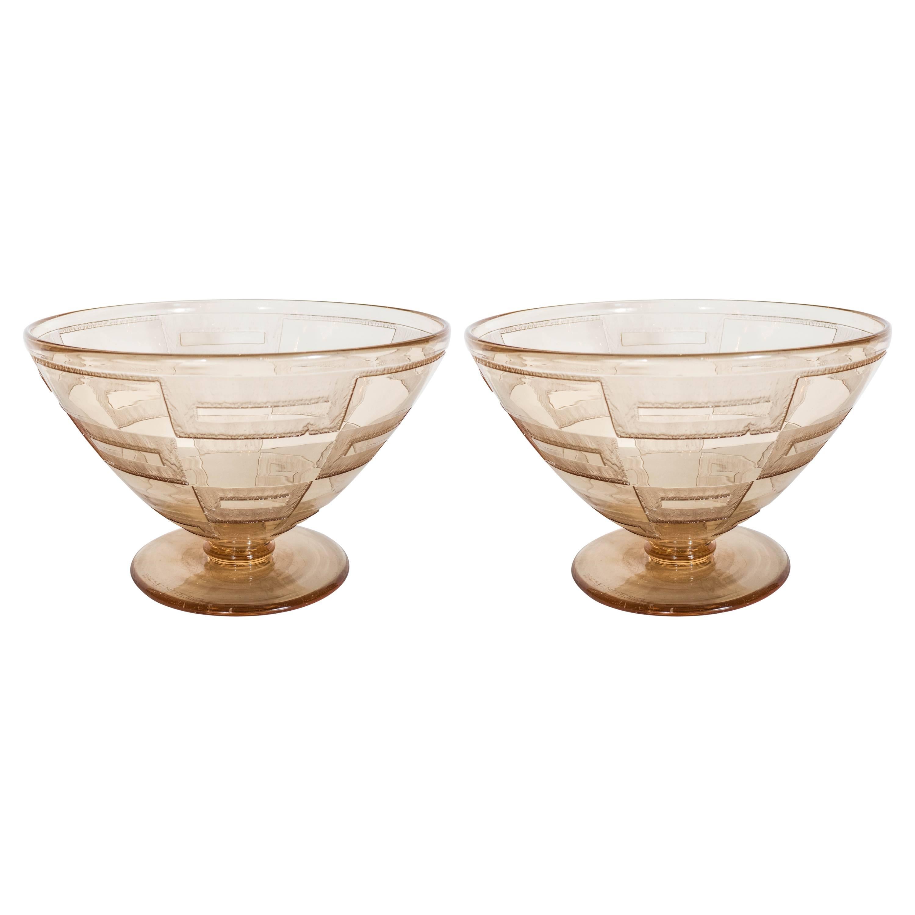 Exquisite Pair of Art Deco Acid-Etched Glass Footed Bowls by Nancy Daum 