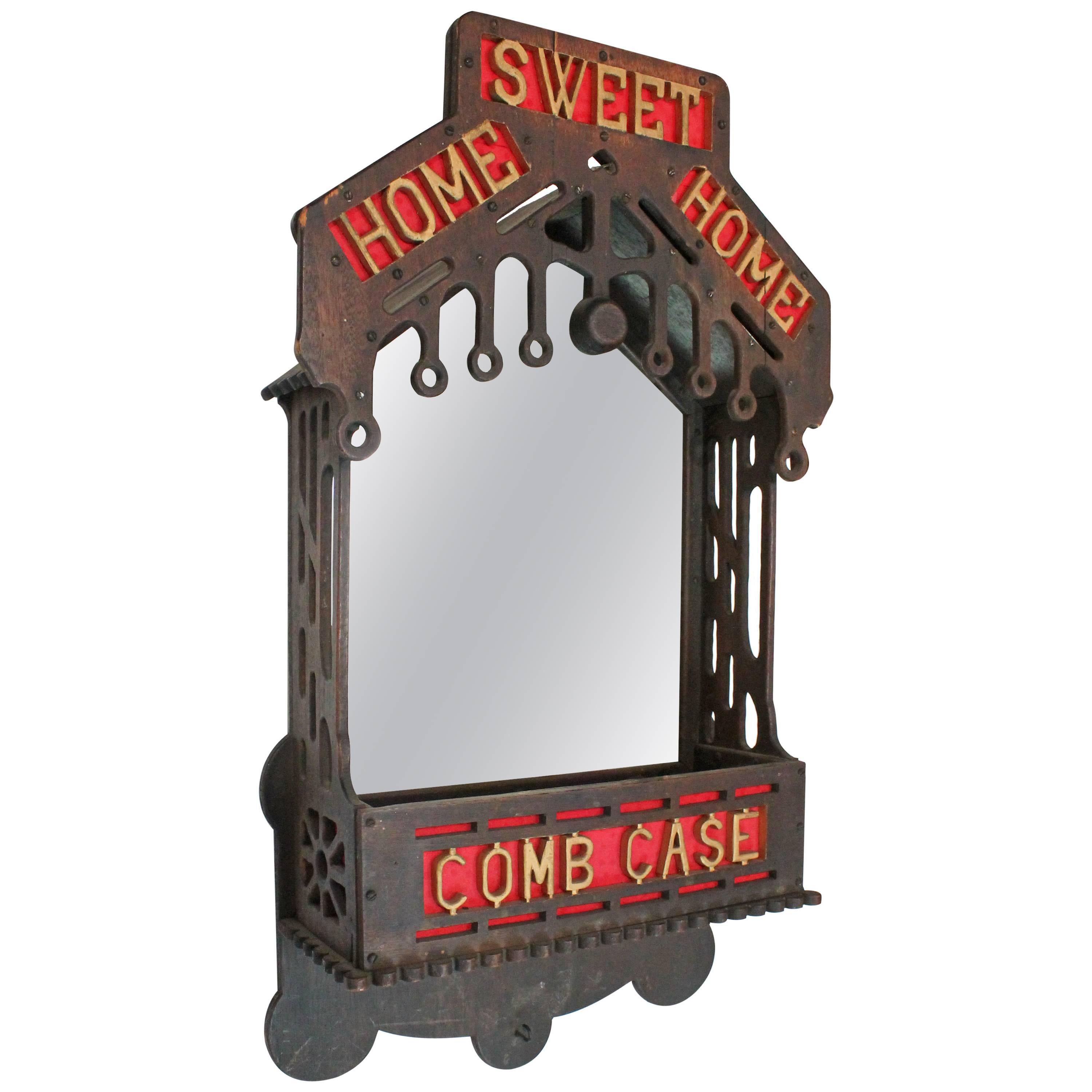 Folk Art Wall Hung " Home Sweet Home " Comb Case and Mirror For Sale