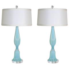 Pair of blue Barbini opalescent lamps, c. 1950