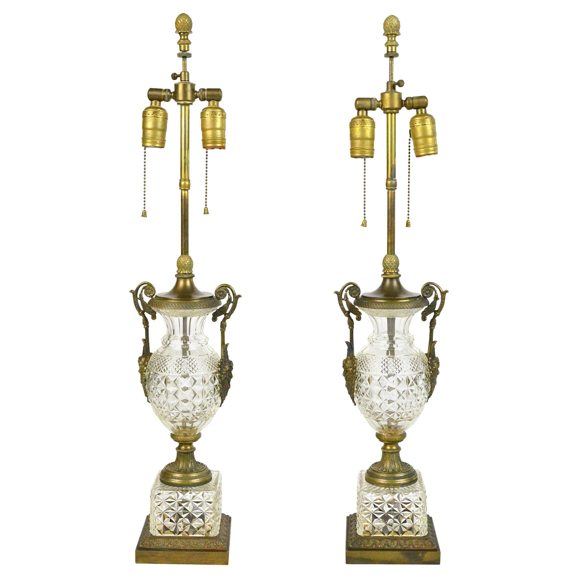 Pair of Neoclassical Style Crystal and Bronze Table Lamps