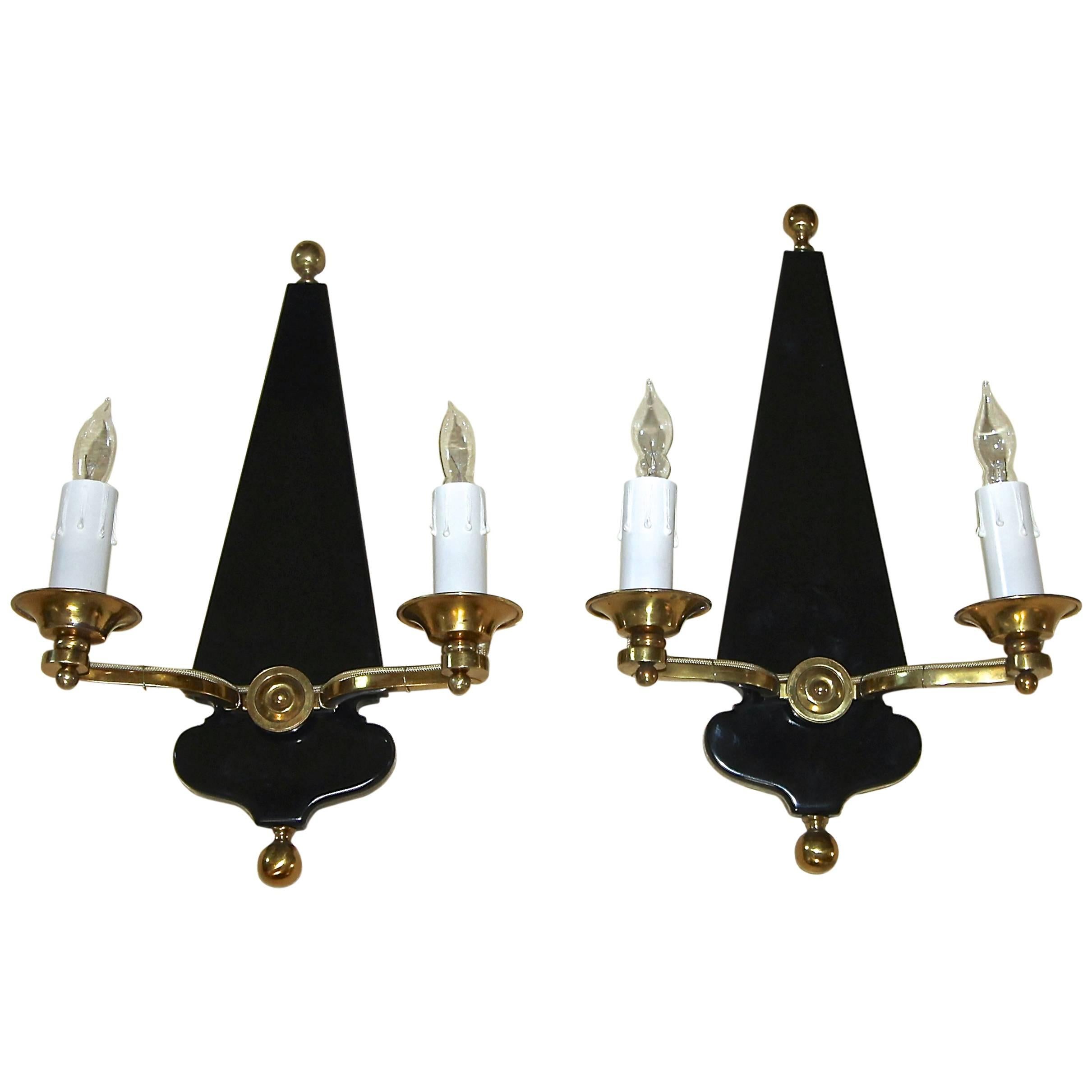 Pair French Moderne Jansen Brass Lacquered Wall Sconces For Sale