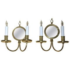 Pair Adam Style Brass Convex Mirror Wall Sconces