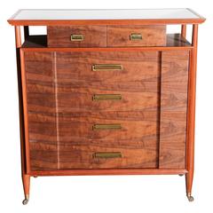 1950s Landstrom Mahogany, Walnut and White Vitrolite Six Drawer Rolling Dresser 2