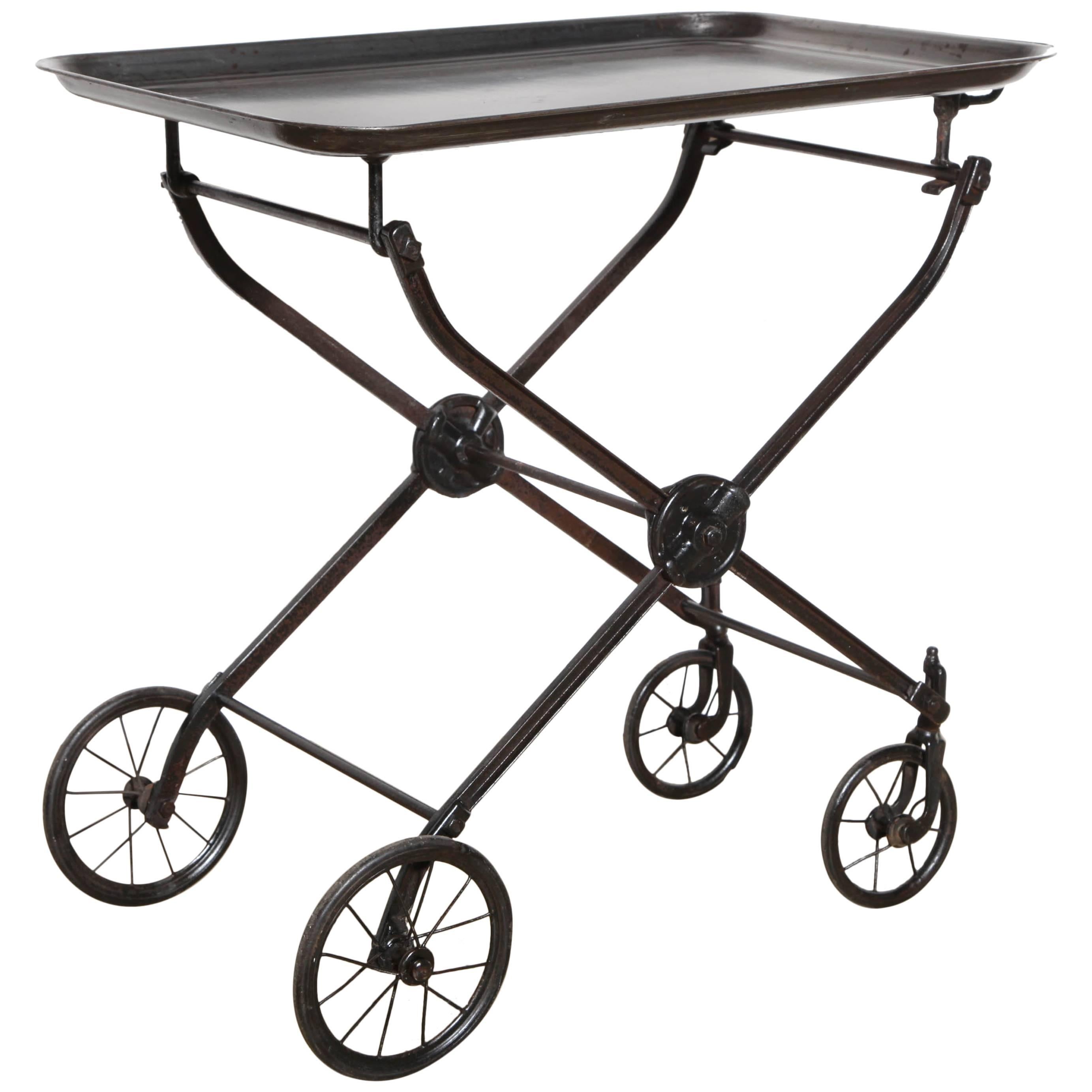  Circa 1890s Rolling Black Iron Hotel Tea Cart, Beverage Cart, Serving Cart