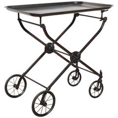 Circa 1890s Rolling Black Iron Hotel Tea Cart, Beverage Cart, Serving Cart