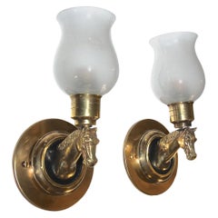 Pair French Brass Horse Equestrian Wall Sconces