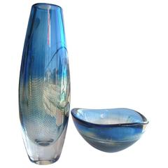 Vintage Two Orrefors Kraka , 322, 342 Glass Vase, Bowl , Sven Palmqvist, Fish Net Bubble