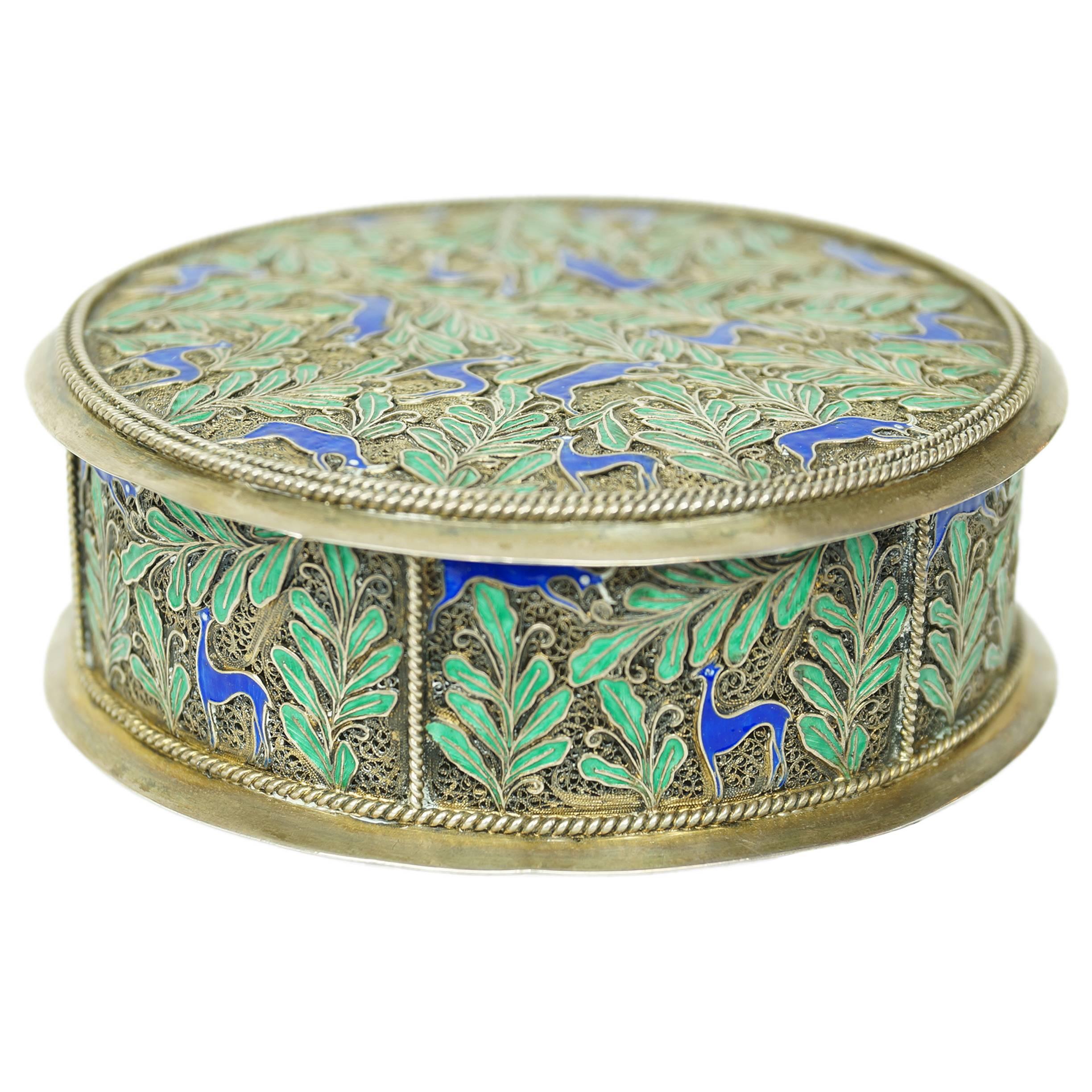 Silver and Blue and Green Enamel Round Jewelry Box