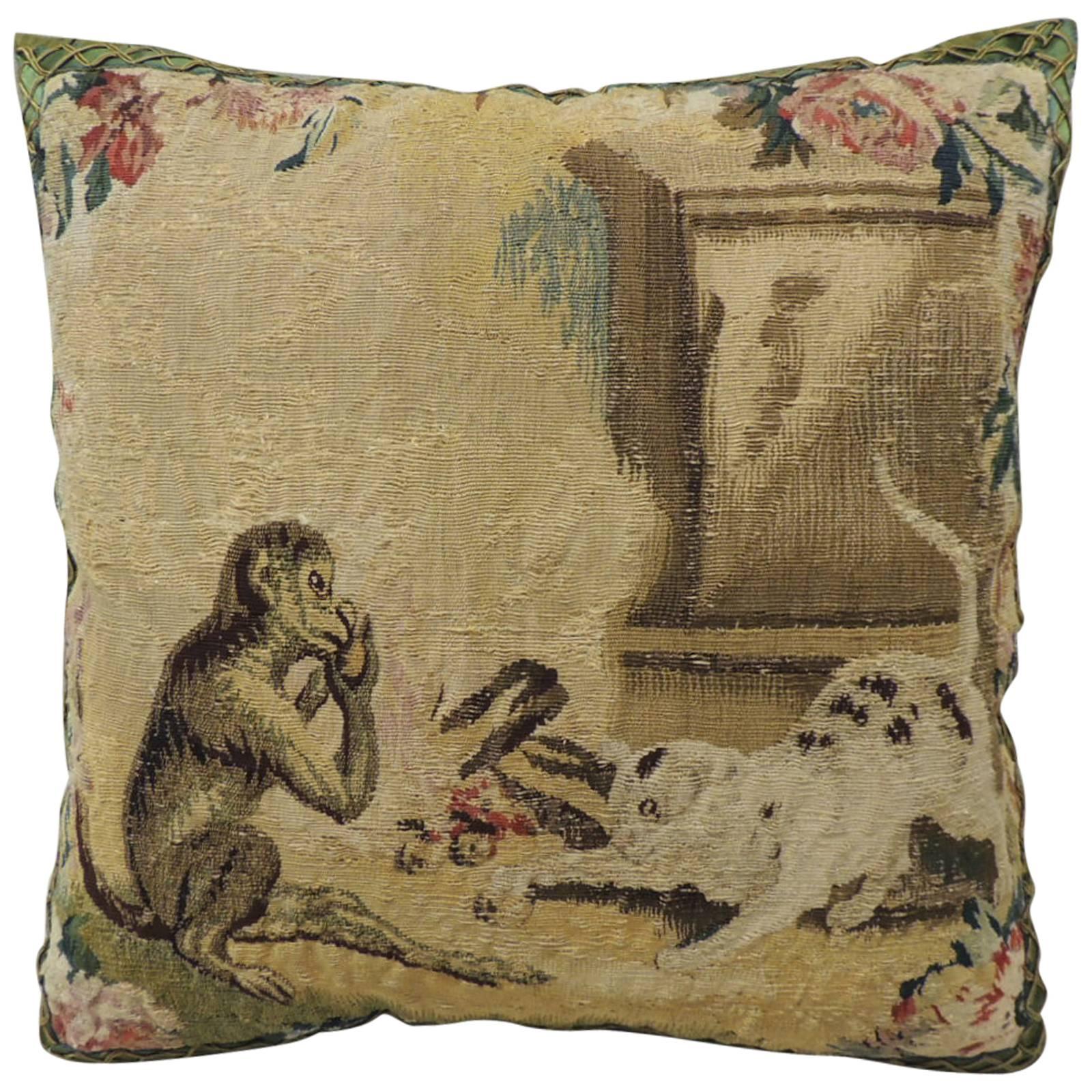 19th Century Antique Aubusson Monkey Pillow