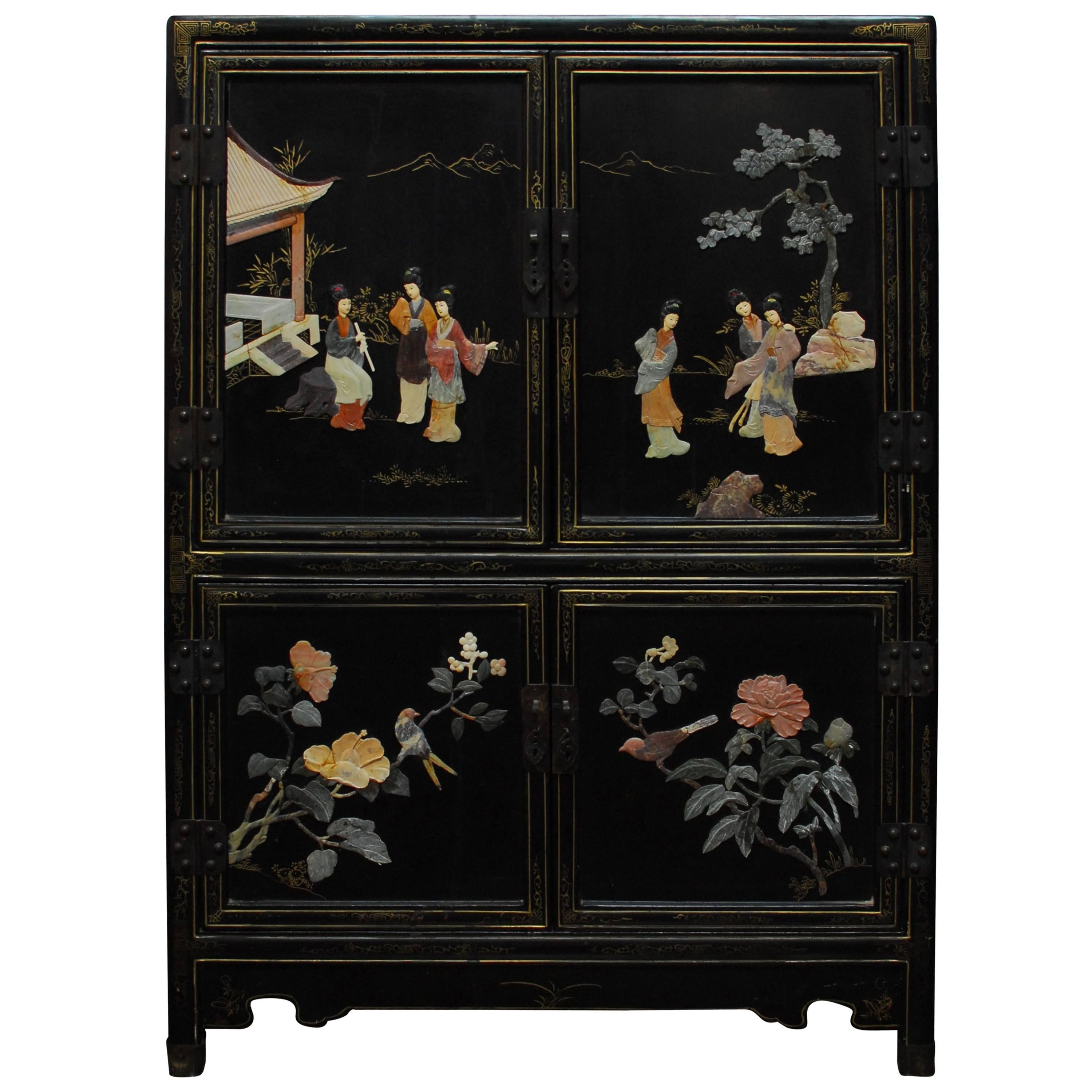 Chinese Black Lacquer Hard Stone Cabinet