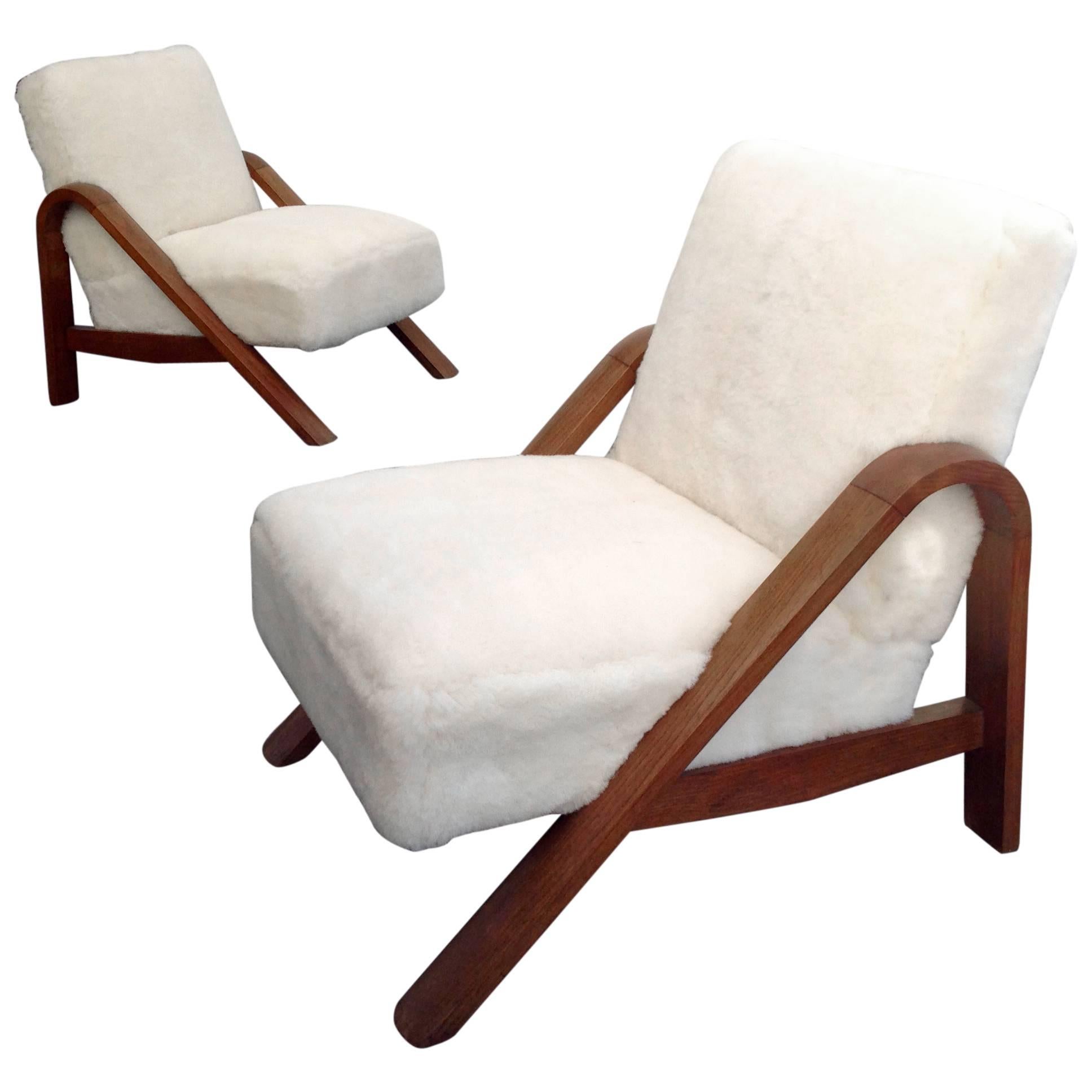 Two Impressive, Club Chairs Upholstered with Sheepskin, Anno, 1940