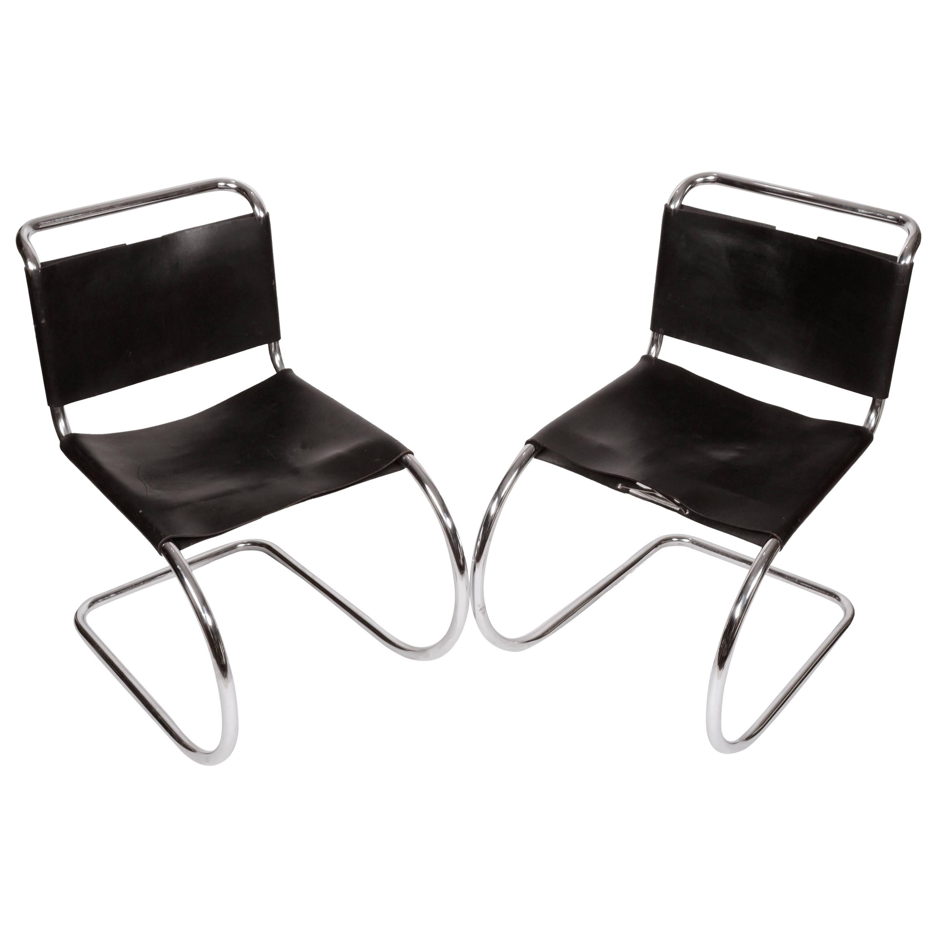 Two Black Leather Ludwig Mies van der Rohe MR Chairs