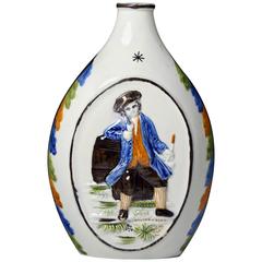 Antique English prattware pottery spirit flask with tavern figures modelled in r