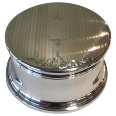 Sterling Silver Round Jewelry Box with Blue Interior and Nicely Decorated Top