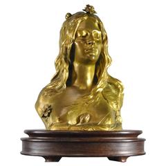 French Art Nouveau Gilt Bronze Bust, Ophelia, with Stand by Leopold Savine