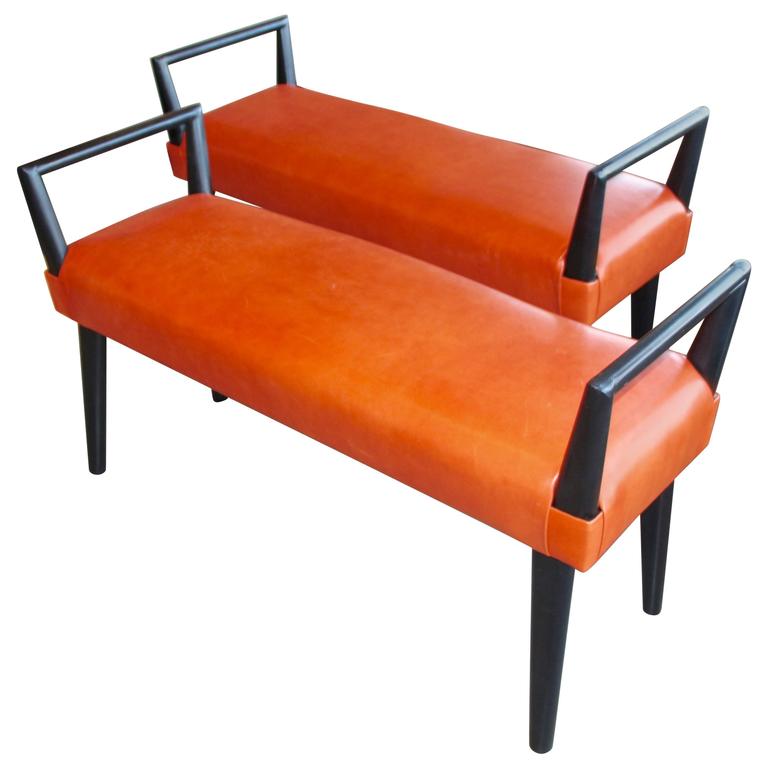 Pair Of Orange Leather And Wood Benches At 1stdibs