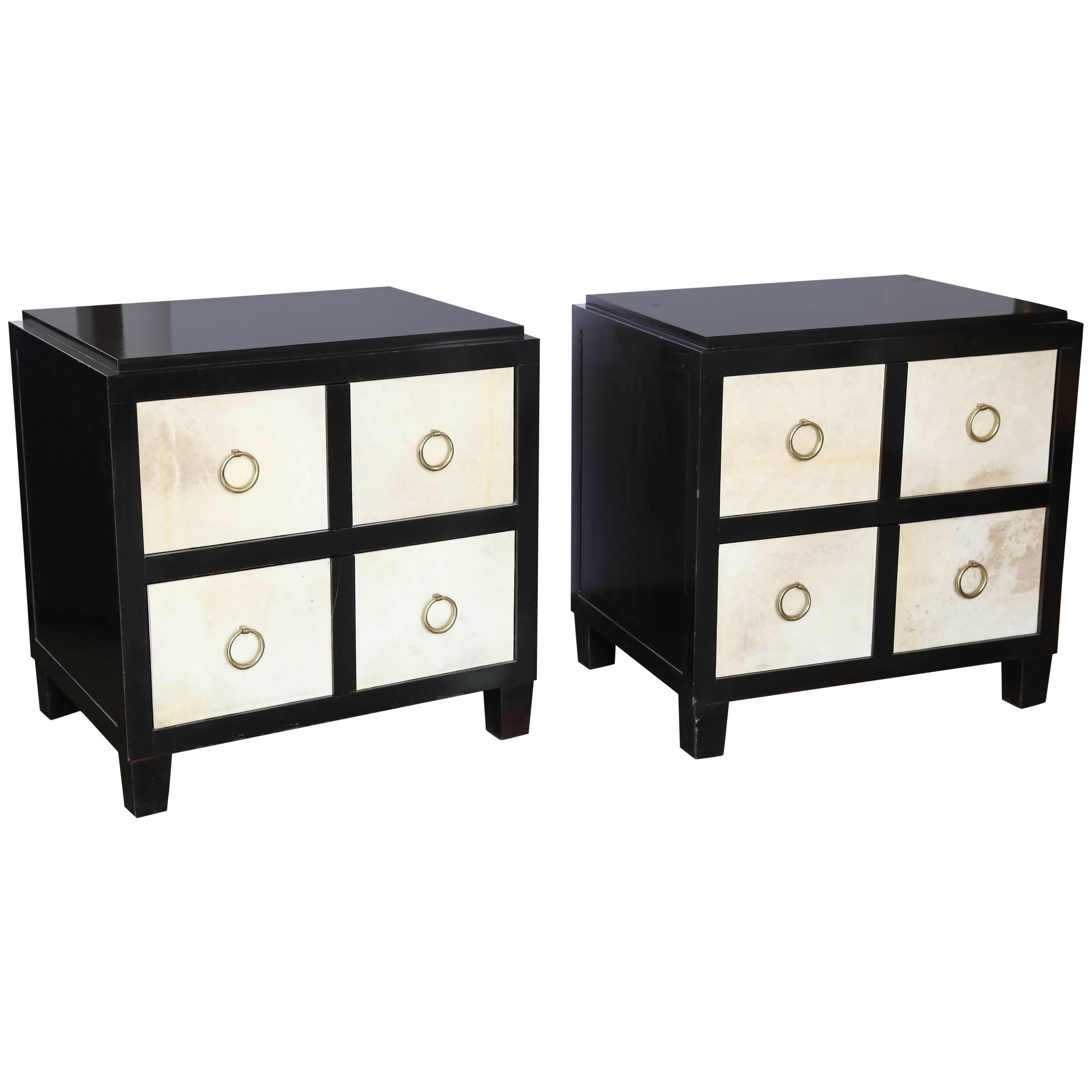 A Pair of French Moderne style Ebonized Wood and Vellum Bedside Cabinets