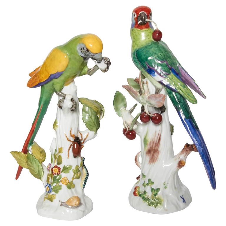 Pair of Meissen Porcelain Figures of Parrots with Cherries, Insects and Flowers