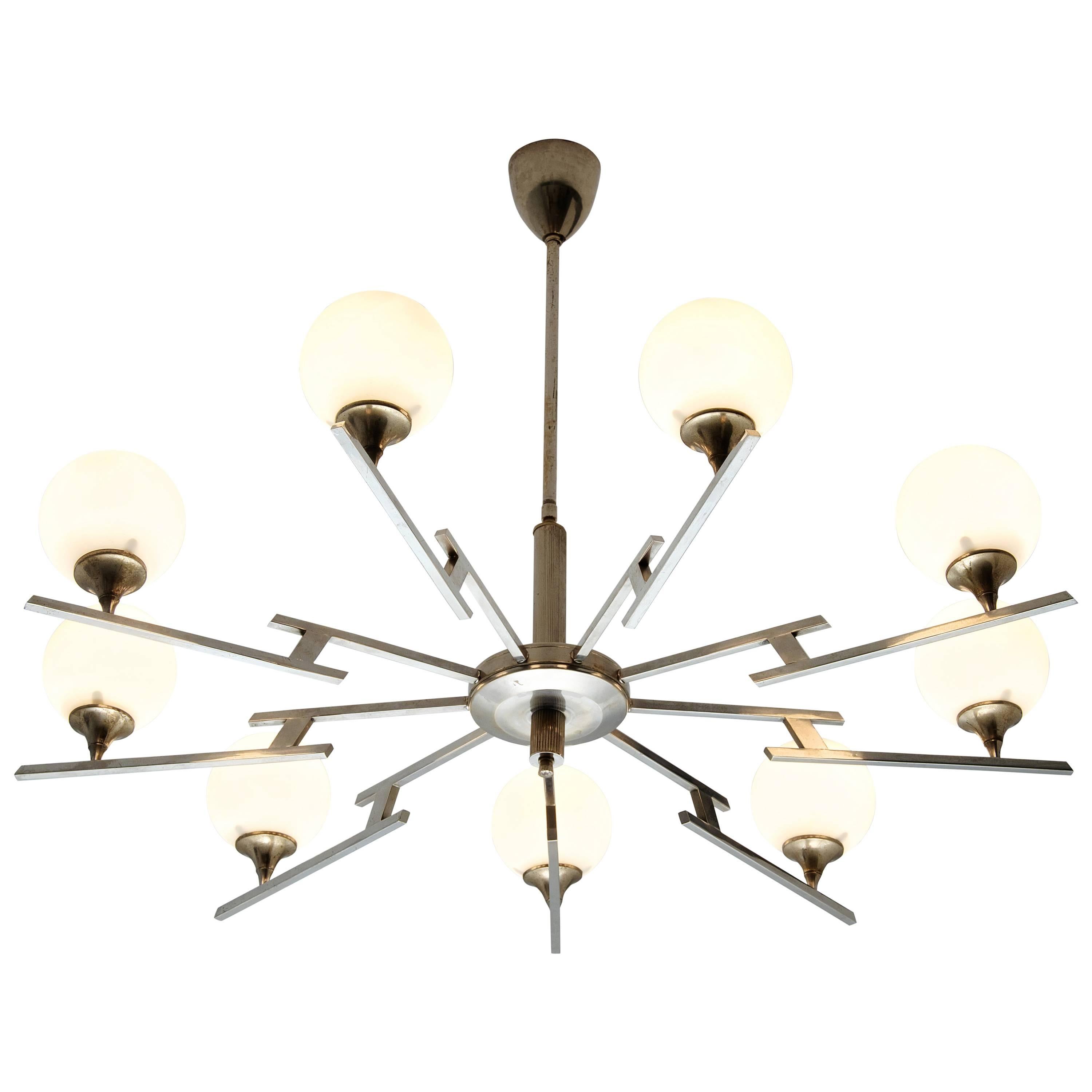 Large Chandelier in Chrome and Opaline Glass, Italy, 1950s