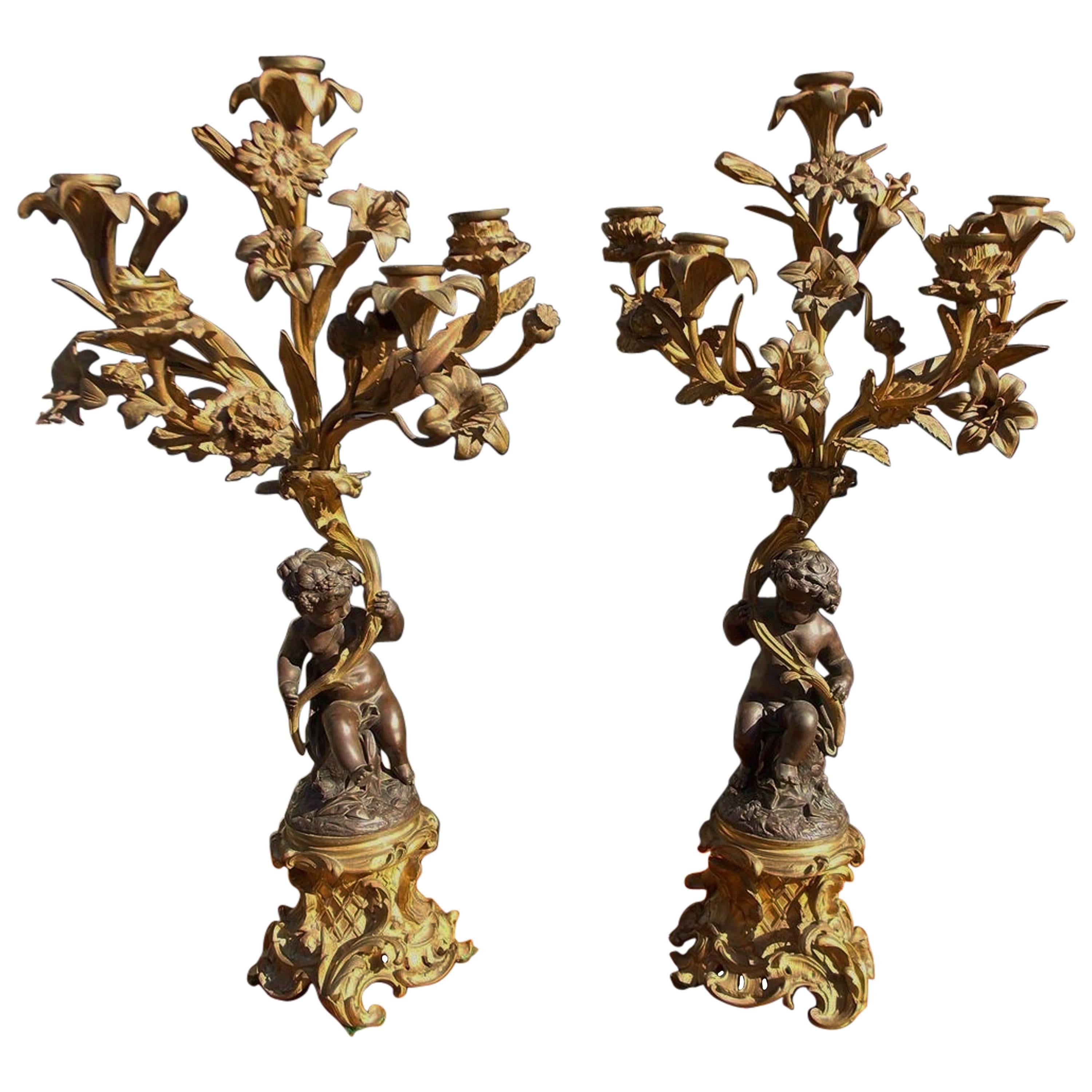 Pair of French Ormolu and Bronze Figural Candelabras, Circa 1830