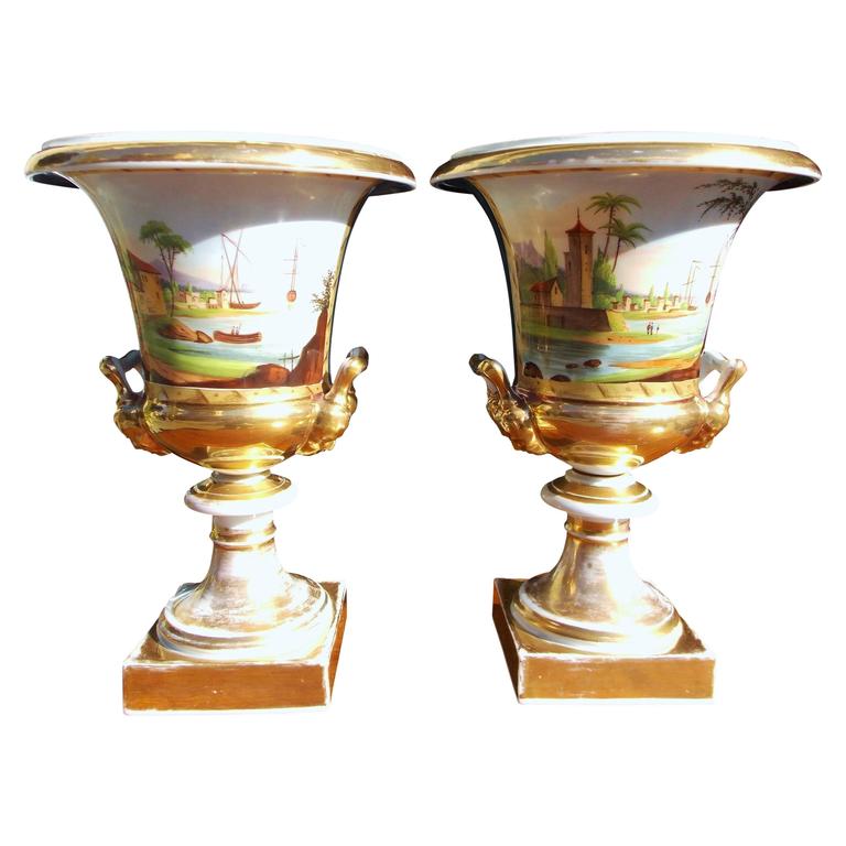 Pair of French Old Paris Gilt and Porcelain Mantel Urns, Circa 1820 For