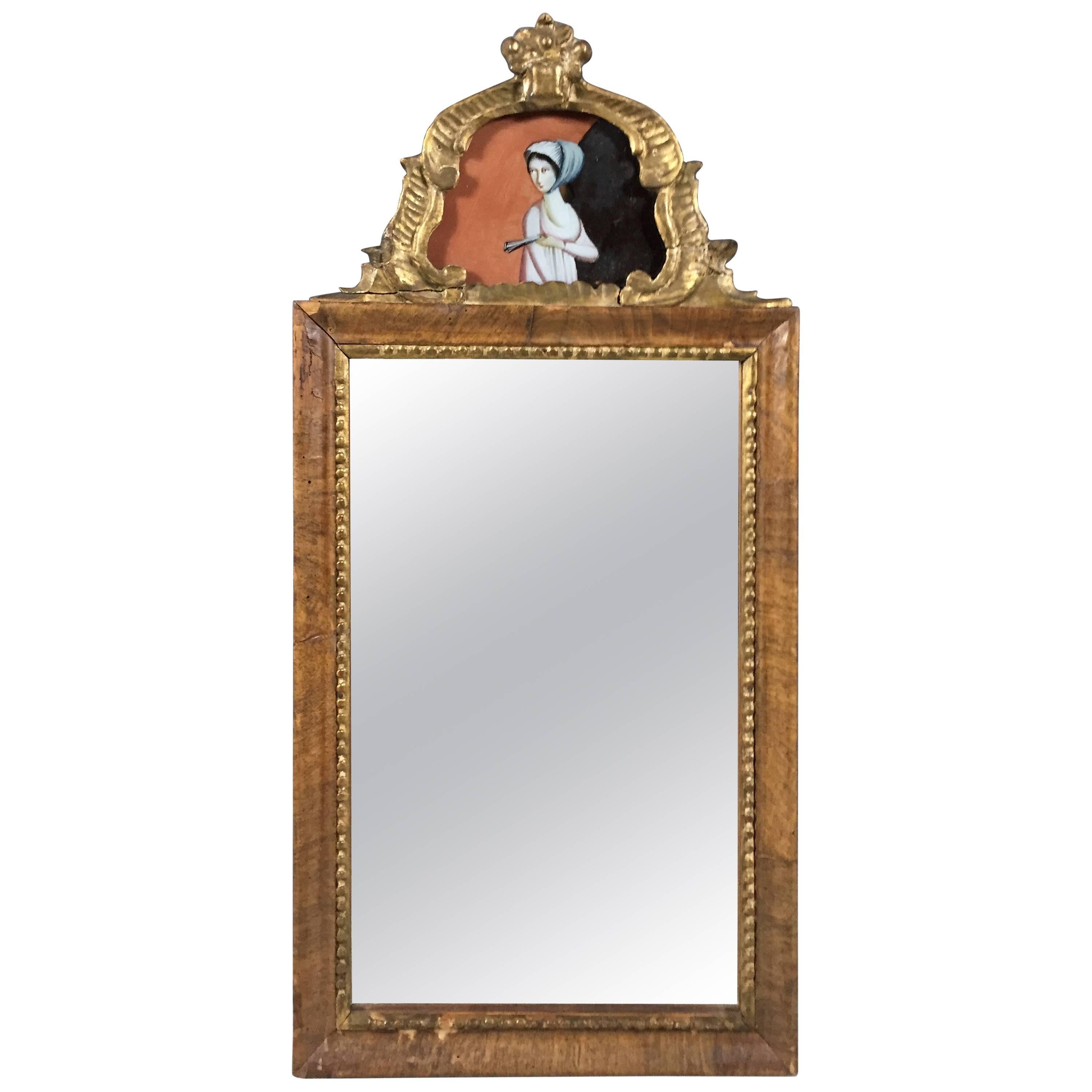 Small Walnut Mirror, Reverse Painted Glass Capital, Late 18th Century For Sale