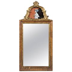 Small Walnut Mirror, Reverse Painted Glass Capital, Late 18th Century