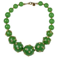 Vintage Valentino Crystal and Graduated Green Bead Necklace