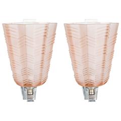 Pair of Art Deco/Skyscraper Style Nickel and Frosted Rose Glass Sconces