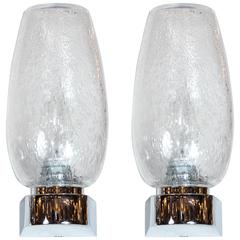 Pair of Chic Mid-Century Modernist Sconces in Chrome and Bubbled Glass