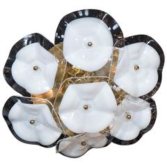 Exquisite Flush Mount Chandelier in Brass and Two-Toned Glass Flowers by Mazzega