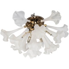 Handblown Flush Mount Murano Chandelier in Brass with Frosted Glass Flowers