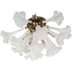Handblown Flush Mount Murano Chandelier in Brass with Frosted Glass Flowers 6
