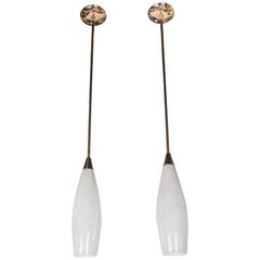  Pair of Pendants in Opalescent Glass and Brass Fittings by Moe Light Company