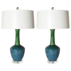 Pair of Blue and Green Ceramic Drip Glaze Lamps, circa 1950