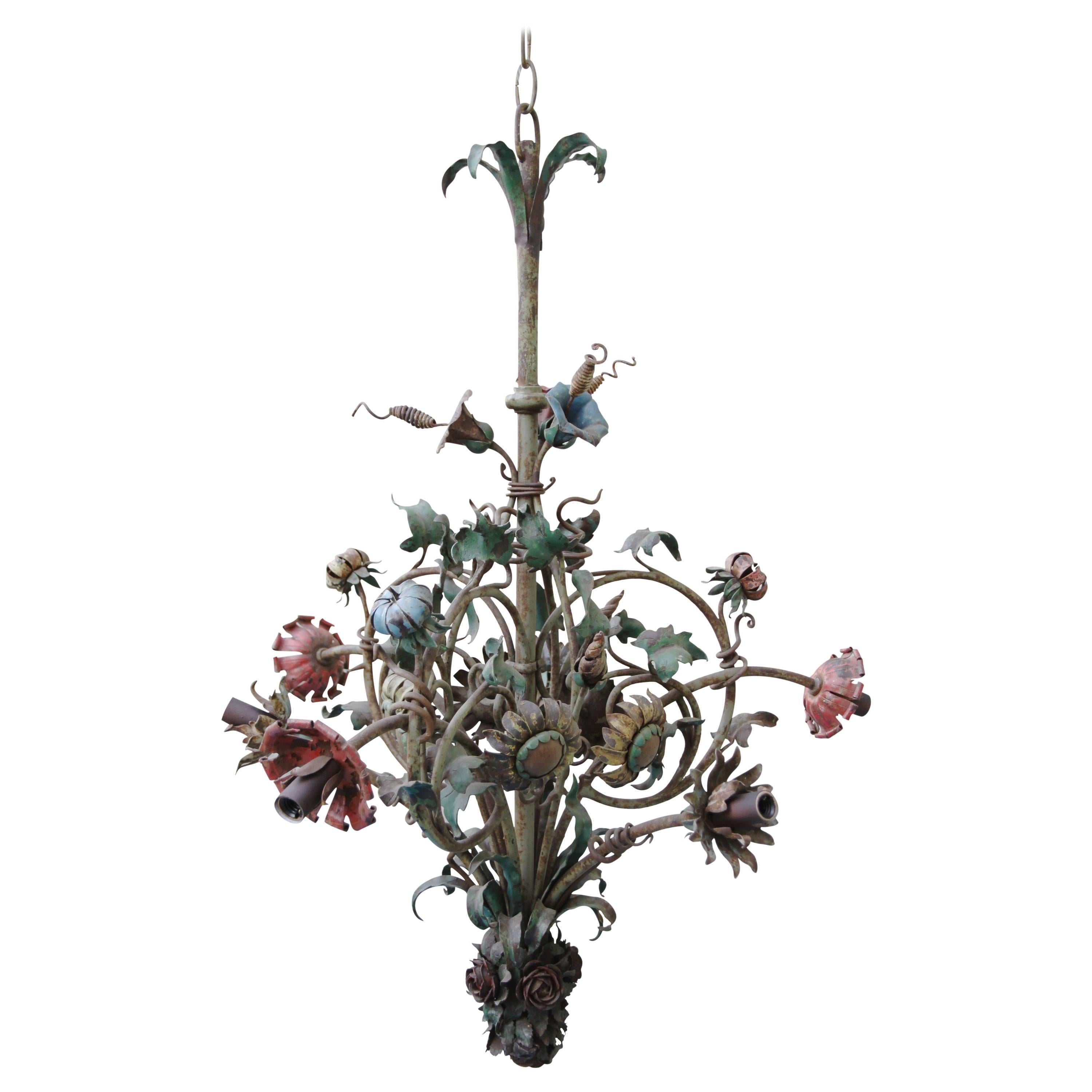 Six-Light French Wrought Iron Painted Floral Chandelier