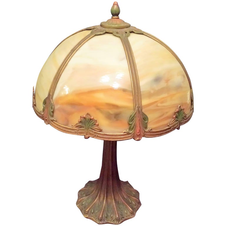 Slag Glass Table Lamp, Carmel Colored Glass with a Decorated Shade and Base For Sale