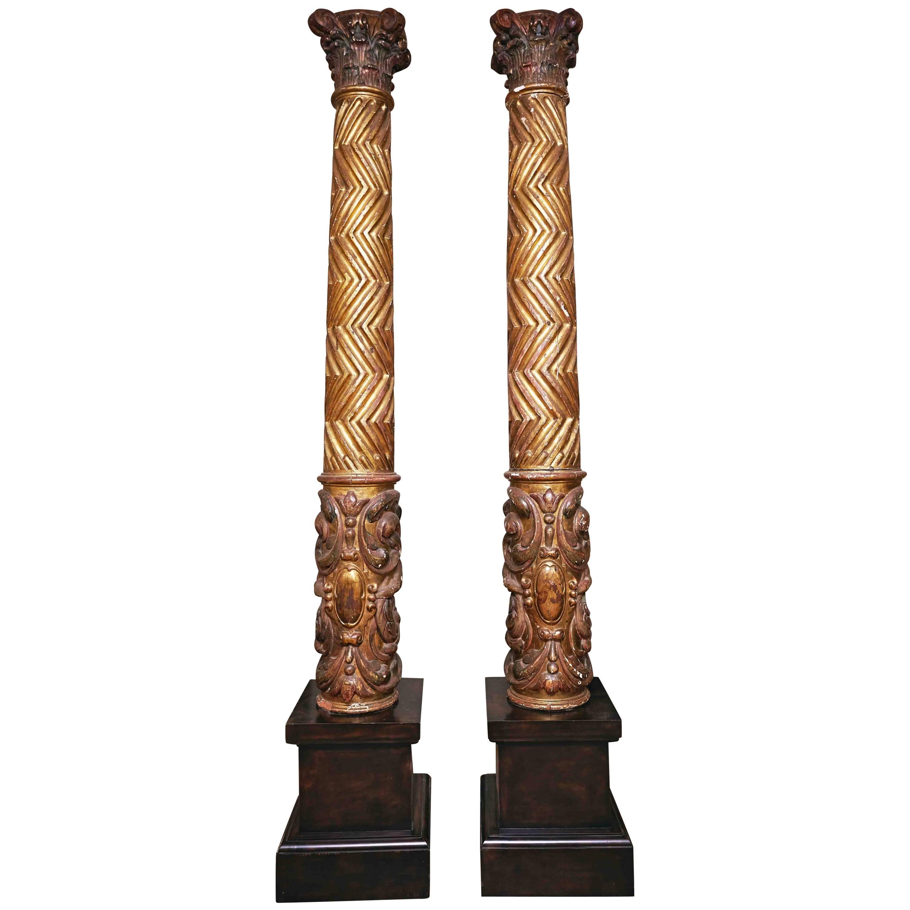 Pair of 17th Century Spanish Carved Gilt and Polychrome Wood Columns