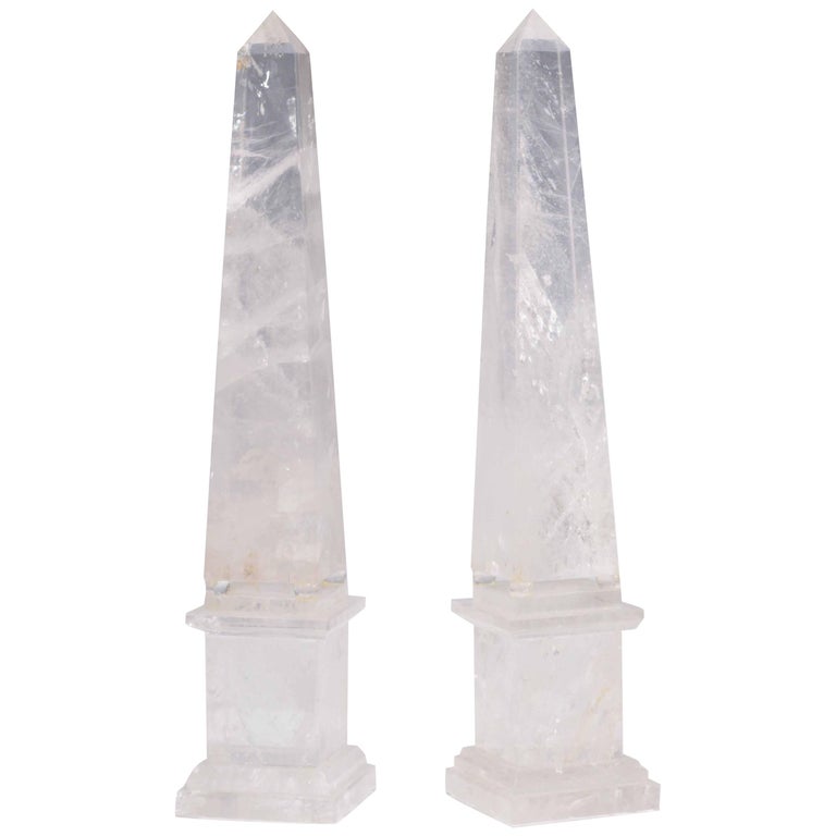 Pair of Carved Rock Crystal Quartz Obelisks For Sale