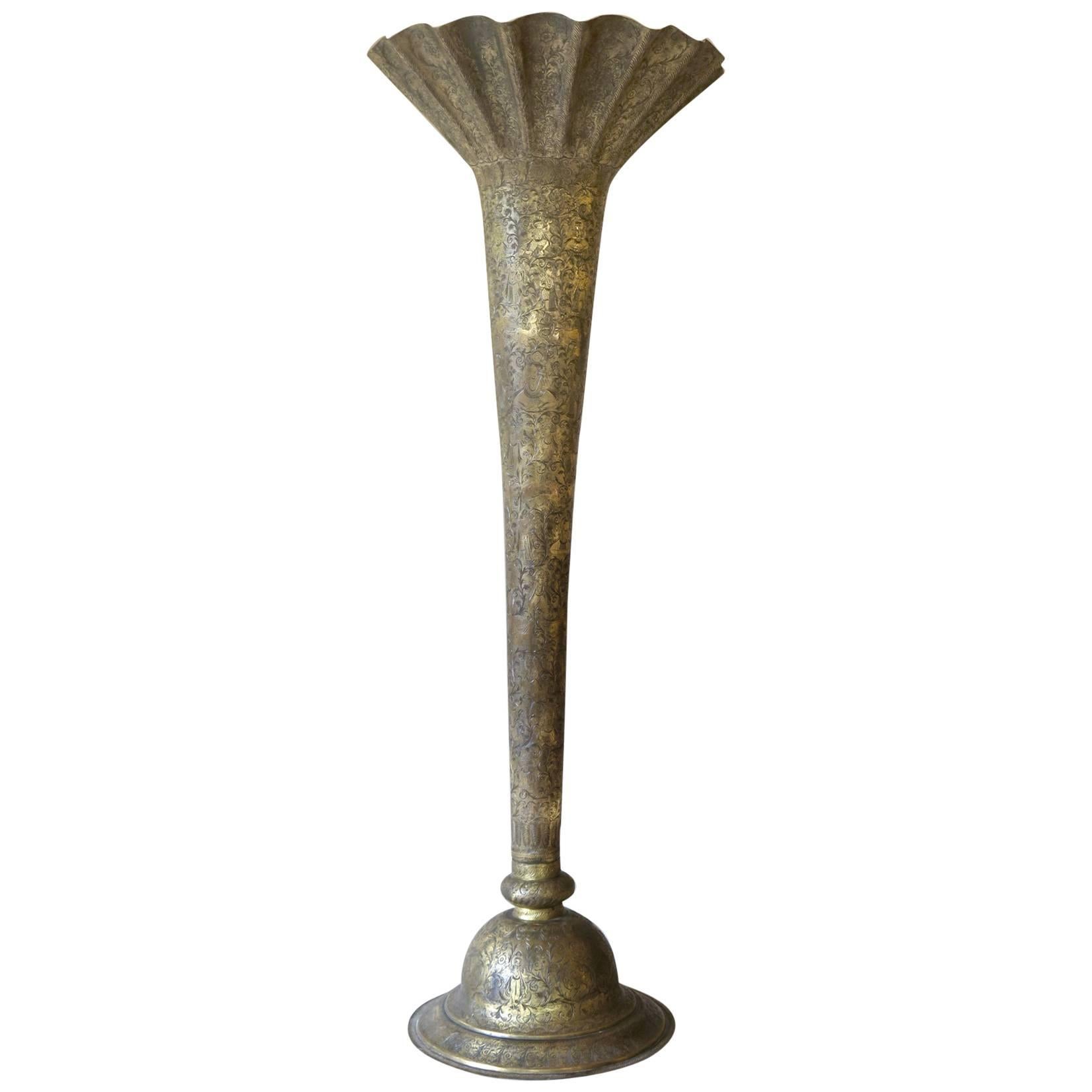 Engraved Brass Oriental-Style Floor Lamp, France, circa 1940s For Sale