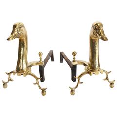 Large Decorative Brass Goose Andirons
